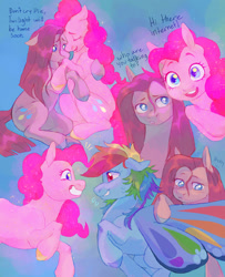 Size: 1300x1600 | Tagged: safe, artist:abbytabbys, derpibooru import, pinkie pie, rainbow dash, butterfly, earth pony, hybrid, pegasus, pony, g4, alternate universe, blue pupils, blue text, blush lines, blushing, breaking the fourth wall, butterfly pony, colored eyebrows, colored hooves, colored pupils, comforting, crying, curly hair, curly mane, curly tail, dialogue, duality, duo focus, ears, ears back, emanata, eyelashes, eyes closed, facing you, female, floppy ears, glimmer wings, glowing, glowing body, glowing mane, glowing tail, hoof on back, hooves, implied twilight sparkle, looking at each other, looking at someone, looking at you, mare, mismatched hooves, multicolored hair, multicolored hooves, multicolored mane, multiple angles, nervous, nervous smile, open mouth, open smile, pink coat, pink eyes, pink mane, pink pupils, pink tail, pinkamena diane pie, plewds, profile, rainbow hair, raised hoof, raised leg, self paradox, self ponidox, shiny eyes, shiny mane, shiny tail, sitting, smiling, smiling at someone, sparkles, sparkly, straight mane, straight tail, sweat, sweatdrops, tail, talking, three quarter view, trio, trio female, wall of tags, white pupils, wings