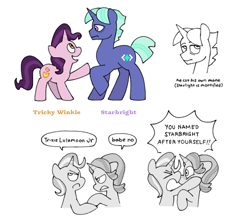 Size: 695x608 | Tagged: safe, artist:driftwoodpony, derpibooru import, starlight glimmer, trixie, pony, unicorn, g4, brother and sister, colt, crossed hooves, female, filly, foal, frown, horn, lesbian, magical lesbian spawn, male, mare, offspring, open mouth, open smile, parent:starlight glimmer, parent:trixie, parents:startrix, shipping, siblings, simple background, smiling, startrix, white background, yelling