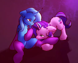 Size: 2097x1691 | Tagged: safe, artist:itssim, derpibooru import, starlight glimmer, trixie, pony, unicorn, g4, blush lines, blushing, chest fluff, clothes, duo, duo female, female, horn, lesbian, mare, shipping, socks, startrix, tail