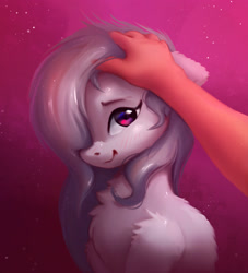 Size: 1904x2093 | Tagged: safe, artist:itssim, derpibooru import, marble pie, earth pony, human, pony, g4, blush lines, blushing, commission, duo, female, fluffy, human on pony petting, looking at you, mare, offscreen character, offscreen human, petting, smiling, smiling at you