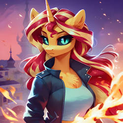 Size: 4096x4096 | Tagged: safe, ai content, derpibooru import, generator:pony diffusion v6 xl, generator:stable diffusion, machine learning generated, sunset shimmer, anthro, demon, unicorn, g4, black sclera, canterlot, cheek fluff, chest fluff, closed mouth, clothes, ear fluff, ears, eyebrows, female, fire, fluffy, frown, horn, jacket, looking at you, mare, outdoors, prompter:thedaren666, slit eyes, solo