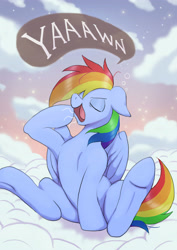 Size: 2480x3508 | Tagged: safe, artist:neoshrek, derpibooru import, rainbow dash, pegasus, pony, cloud, female, mare, outdoors, sitting, solo, underhoof, yawn