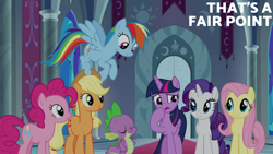 Size: 2000x1125 | Tagged: safe, derpibooru import, edit, edited screencap, editor:quoterific, screencap, applejack, fluttershy, pinkie pie, rainbow dash, rarity, spike, twilight sparkle, twilight sparkle (alicorn), alicorn, dragon, earth pony, pegasus, pony, unicorn, g4, the beginning of the end, canterlot castle interior, female, horn, indoors, male, mane six, mare, winged spike, wings