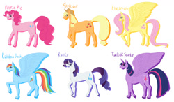 Size: 1171x683 | Tagged: safe, artist:ireneroxanne666, derpibooru import, applejack, fluttershy, pinkie pie, rainbow dash, rarity, twilight sparkle, twilight sparkle (alicorn), alicorn, earth pony, pegasus, pony, unicorn, group, horn, mane six, raised hoof, raised leg, sextet, simple background, small head, white background