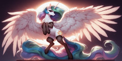 Size: 2048x1024 | Tagged: safe, ai content, derpibooru import, machine learning generated, princess celestia, alicorn, pony, g4, chest fluff, clothes, ear fluff, ears, feathered wings, female, full body, large wings, long tail, mare, prompter needed, raised hoof, raised leg, smiling, socks, solo, spread wings, sun, tail, thigh highs, wings