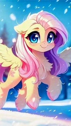 Size: 344x612 | Tagged: source needed, safe, ai content, derpibooru import, machine learning generated, fluttershy, pegasus, pony, chest fluff, looking at you, outdoors, prompter needed, snow, snowfall, solo, spread wings, trotting, wings