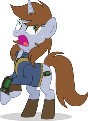 Size: 2531x3450 | Tagged: artist needed, safe, derpibooru import, oc, oc only, oc:littlepip, pony, unicorn, fallout equestria, clothes, horn, jumpsuit, open mouth, pipbuck, rearing, screaming, simple background, solo, transparent background, vault suit