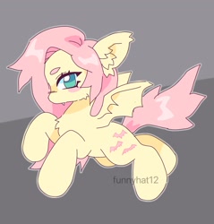 Size: 1960x2048 | Tagged: safe, artist:funnyhat12, derpibooru import, fluttershy, bat pony, pegasus, pony, g4, bat ponified, bat wings, cute, female, flutterbat, flying, gray background, looking at you, race swap, simple background, solo, spread wings, wings