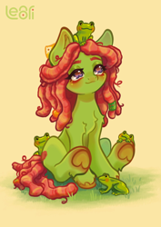 Size: 2528x3579 | Tagged: safe, artist:lenori, derpibooru import, tree hugger, earth pony, frog, pony, g4, cute, female, mare, sitting, smiling, underhoof