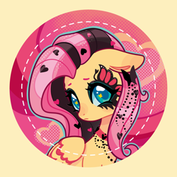 Size: 2084x2084 | Tagged: safe, artist:lenori, derpibooru import, fluttershy, pegasus, pony, g4, alternate hairstyle, badge, choker, cute, dyed mane, face paint, female, looking at you, makeup, mare, ponymania, punk, shyabetes