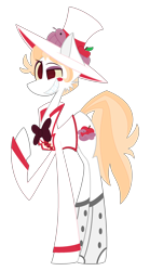 Size: 1630x2940 | Tagged: safe, artist:scridley-arts, derpibooru import, earth pony, pony, snake, apple, barely pony related, clothes, crossover, food, hat, hazbin hotel, hellaverse, lucifer magne, lucifer morningstar, lucifer morningstar (hazbin hotel), male, png, ponified, simple background, smiling, solo, species swap, stallion, top hat, transparent background