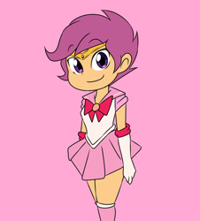 Size: 1280x1415 | Tagged: safe, artist:qsky, derpibooru import, scootaloo, human, equestria girls, g4, chibi moon, clothes, cute, cutealoo, female, gloves, pink background, sailor moon (series), sailor uniform, simple background, smiling, solo, uniform