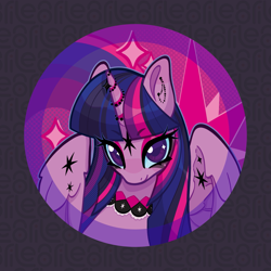 Size: 2277x2277 | Tagged: safe, artist:lenori, derpibooru import, twilight sparkle, twilight sparkle (alicorn), alicorn, pony, g4, badge, bust, choker, female, looking at you, makeup, mare, piercing, ponymania, punk, smiling, smiling at you, solo