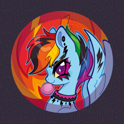 Size: 2277x2277 | Tagged: safe, artist:lenori, derpibooru import, rainbow dash, pegasus, pony, g4, alternate hairstyle, badge, bubblegum, choker, dyed mane, ear piercing, earring, female, food, gum, jewelry, looking at you, makeup, mare, piercing, ponymania, punk, smiling