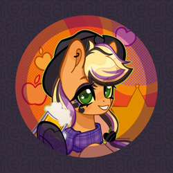 Size: 2277x2277 | Tagged: safe, artist:lenori, derpibooru import, applejack, earth pony, pony, g4, alternate accessories, alternate hairstyle, badge, clothes, dyed mane, ear piercing, earring, female, gloves, grin, jewelry, makeup, mare, piercing, ponymania, punk, scarf, smiling