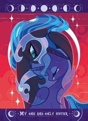 Size: 1796x2469 | Tagged: safe, artist:lenori, derpibooru import, nightmare moon, princess luna, alicorn, pony, g4, crying, duality, duo, eyes closed, female, mare, s1 luna