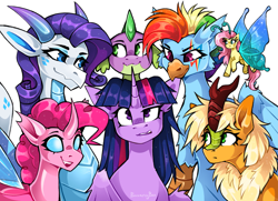 Size: 3809x2757 | Tagged: safe, artist:buvanybu, derpibooru import, applejack, fluttershy, pinkie pie, rainbow dash, rarity, spike, twilight sparkle, twilight sparkle (alicorn), alicorn, breezie, changedling, changeling, dragon, griffon, kirin, pony, g4, alternative cutie mark placement, breeziefied, changedlingified, changelingified, cute, dragonified, facial cutie mark, female, flutterbreez, griffonized, implied shipping, implied sparity, implied straight, kirin applejack, kirin-ified, looking at each other, looking at someone, looking at you, open mouth, open smile, pinkling, rainbow griffon, raridragon, simple background, smiling, species swap, white background