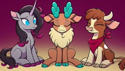 Size: 1344x768 | Tagged: safe, ai content, derpibooru import, machine learning generated, arizona cow, oleander, velvet reindeer, cow, deer, reindeer, unicorn, them's fightin' herds, community related, gradient background, horn, prompter:cypher, trio