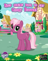 Size: 1080x1350 | Tagged: safe, derpibooru import, earth pony, pony, cherry blossom (g4), female, gameloft, looking at you, mare, outdoors, ponyville, solo