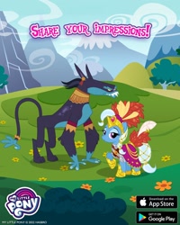 Size: 1080x1350 | Tagged: safe, derpibooru import, ahuizotl, trixie, pony, unicorn, duo, duo male and female, female, gameloft, horn, male, outdoors