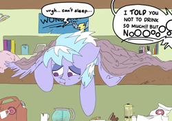 Size: 3784x2679 | Tagged: safe, artist:ponny, derpibooru import, cloudchaser, pegasus, pony, g4, bed, blanket, book, bread, coffee, coffee cup, coffee mug, coffee pot, colored, crumbs, cup, donut, female, food, indoors, lamp, lidded eyes, mare, mug, pillow, solo, speech bubble, text, tired