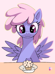 Size: 554x753 | Tagged: artist needed, safe, derpibooru import, rainbowshine, pegasus, pony, bust, female, food, front view, mare, muffin, plate, portrait, sitting, solo, spread wings, table, wings