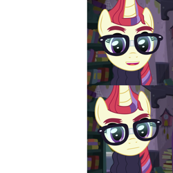 Size: 2000x2000 | Tagged: safe, artist:anonymousandrei, derpibooru exclusive, derpibooru import, moondancer, pony, unicorn, g4, clothes, female, glasses, horn, mare, meme, meme template, ponified, ponified meme, solo, sweater