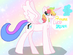 Size: 588x442 | Tagged: safe, artist:proxymitymine, derpibooru import, oc, oc only, oc:lucid dream (proxy), alicorn, pony, alicorn oc, alicorn wings, burn scar, closed mouth, cyan eyes, description is relevant, female, hair over one eye, horn, long horn, mare, mare oc, multicolored background, multicolored hair, multicolored mane, pony oc, princess, princess oc, scar, shadow, smiling, solo, wings