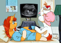 Size: 2800x2000 | Tagged: safe, alternate version, anonymous artist, derpibooru import, nurse redheart, sunburst, pony, unicorn, g4, bed, belly, big belly, clothes, commission, commissioner:reversalmushroom, doctor's office, facial hair, female, fetish, glasses, goatee, high res, horn, hospital bed, hospital gown, hospital room, indoors, jewelry, male, male pregnancy, mare, pregnant, prenatal exam, smiling, ultrasound