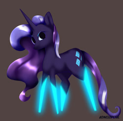 Size: 1024x1004 | Tagged: safe, artist:asinglepetal, derpibooru import, nightmare rarity, pony, unicorn, g4, concave belly, dark mirror universe, eyeshadow, female, glowing legs, horn, long horn, makeup, mare, moon, nightmarified, pointy ponies, shiny hair, simplified eyes, slender, solo, storybook, stylized, thin, thin legs, watermark, wavy hair