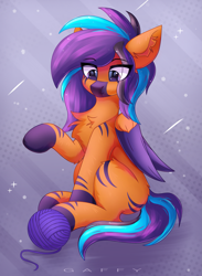 Size: 2489x3400 | Tagged: safe, artist:gaffy, derpibooru import, oc, oc only, pegasus, abstract background, chest fluff, colored wings, ear fluff, ears, male, multicolored hair, multicolored wings, pegasus oc, solo, wings, yarn, yarn ball