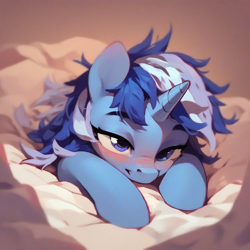 Size: 1024x1024 | Tagged: safe, ai content, derpibooru import, generator:purplesmart.ai, generator:stable diffusion, machine learning generated, minuette, g4, bed, blanket, blushing, lidded eyes, looking at you, messy mane, prompter:jesterofdestiny, solo