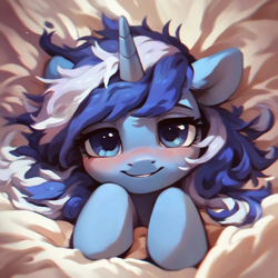 Size: 1024x1024 | Tagged: safe, ai content, derpibooru import, generator:purplesmart.ai, generator:stable diffusion, machine learning generated, minuette, g4, bed, blanket, blushing, lidded eyes, looking at you, messy mane, prompter:jesterofdestiny