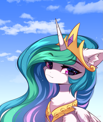 Size: 853x1009 | Tagged: safe, artist:airiniblock, derpibooru import, princess celestia, alicorn, pony, chest fluff, cloud, crown, cute, ear fluff, ears, horn, icon, jewelry, outdoors, regalia, sky, solo, wingding eyes, wings