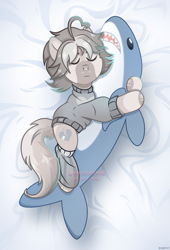 Size: 1830x2695 | Tagged: safe, artist:scarffist, derpibooru exclusive, derpibooru import, oc, oc only, earth pony, pony, shark, bed, clothes, commission, eyes closed, hug, long tail, lying down, lying on bed, on bed, plushie, relaxing, shark plushie, short hair, short mane, sleeping, solo, tail, toy, ych result