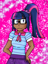 Size: 1536x2048 | Tagged: artist needed, source needed, safe, artist:enderman008, derpibooru import, sci-twi, twilight sparkle, human, equestria girls, g4, clothes, deviantart, glasses, hand on hip, human coloration, moderate dark skin, ponytail, solo