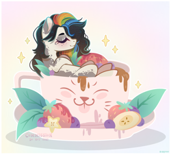 Size: 4200x3800 | Tagged: safe, artist:scarffist, derpibooru import, oc, oc only, earth pony, pony, base used, berry, blushing, commission, cup, cute, eyes closed, food, fruit, gradient background, leaves, long hair, long mane, lying, multicolored hair, rainbow hair, relaxing, smiling, solo, sparkles, ych result