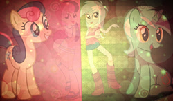 Size: 1024x600 | Tagged: safe, artist:dablackphoenix, derpibooru import, bon bon, lyra heartstrings, sweetie drops, earth pony, human, pony, unicorn, equestria girls, g4, female, horn, human ponidox, mare, self paradox, self ponidox, wallpaper