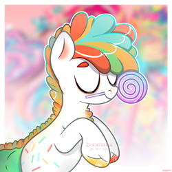 Size: 4600x4600 | Tagged: safe, derpibooru exclusive, derpibooru import, oc, oc only, earth pony, pony, base used, candy, commission, eyes closed, food, happy, light skin, lollipop, multicolored hair, rainbow hair, short hair, short mane, smiling, solo, ych result