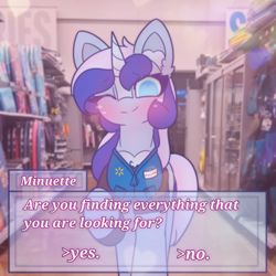 Size: 2664x2664 | Tagged: safe, artist:sodapop sprays, derpibooru import, minuette, pony, unicorn, blushing, clothes, dialogue, dialogue box, horn, indoors, looking at you, one eye closed, solo, walmart, wink