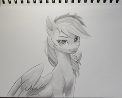 Size: 2326x1859 | Tagged: safe, artist:sierraex, derpibooru import, dark moon, graphite, rainbow dash, pegasus, pony, g4, female, high res, looking at you, mare, monochrome, photo, simple background, sketchbook, smiling, smiling at you, solo, traditional art, white background