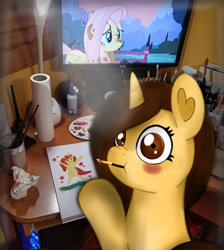 Size: 2480x2762 | Tagged: safe, artist:mashee, derpibooru import, fluttershy, oc, oc:mashee, pony, unicorn, g4, adorable face, blushing, confused, cute, horn, indoors, irl, paintbrush, painting, photo, realistic, room, shocked, shocked expression, shocked eyes