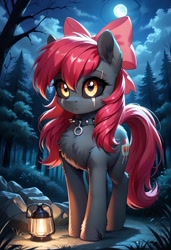 Size: 800x1169 | Tagged: safe, ai content, derpibooru import, generator:pony diffusion v6 xl, generator:stable diffusion, machine learning generated, apple bloom, earth pony, pony, undead, zombie, zombie pony, g4, apple bloom's bow, black sclera, blanked apple bloom, bow, chest fluff, collar, eye scar, facial scar, female, forest, full moon, hair bow, lantern, mare, moon, nature, night, outdoors, prompter:gregorymars, scar, solo, spiked collar, story of the blanks, tree