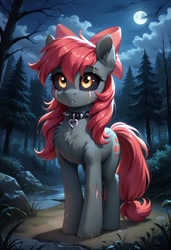 Size: 800x1169 | Tagged: safe, ai content, derpibooru import, generator:pony diffusion v6 xl, generator:stable diffusion, machine learning generated, apple bloom, earth pony, pony, undead, zombie, zombie pony, g4, apple bloom's bow, black sclera, blanked apple bloom, bow, chest fluff, collar, eye scar, facial scar, female, forest, full moon, hair bow, mare, moon, nature, night, outdoors, prompter:gregorymars, scar, solo, spiked collar, story of the blanks, tree