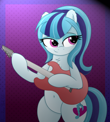 Size: 3016x3356 | Tagged: safe, artist:rainbowšpekgs, derpibooru import, sonata dusk, earth pony, pony, g4, alternate hairstyle, belly, belly button, bipedal, blue eyeshadow, chest fluff, eyeshadow, female, guitar, headband, hind legs, makeup, midriff, musical instrument, purple eyes, rainbow rocks 10th anniversary, smiling, solo, standing