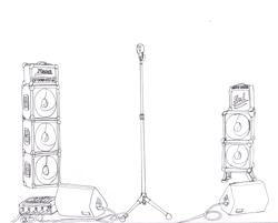 Size: 2706x2181 | Tagged: safe, artist:ciaran, derpibooru exclusive, derpibooru import, amplifier, background, cable, illustration, microphone, microphone stand, mixing console, no pony, simple background, speaker, stage, white background, wip