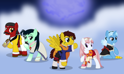 Size: 5000x3000 | Tagged: safe, artist:cranberry-tofu, derpibooru import, trixie, oc, oc:brave bolt, oc:coolmint, oc:wandering gallop, oc:whisper call, pony, clothes, cosplay, costume, female, lunar: eternal blue, male, mare, stallion