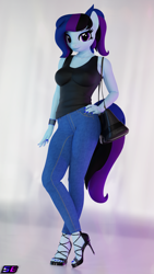 Size: 2160x3840 | Tagged: safe, artist:shadowboltsfm, derpibooru import, oc, oc:maple cake, anthro, plantigrade anthro, 3d, blender, bracelet, breasts, clothes, crossed legs, denim, feet, female, hand on hip, high heels, high res, jeans, jewelry, looking at you, nail polish, not sfm, pants, ponytail, pose, purse, sexy, shoes, smiling, solo