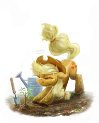 Size: 4000x5000 | Tagged: safe, artist:flvski, derpibooru import, applejack, earth pony, pony, g4, applejack's hat, behaving like a cat, clothes, cowboy hat, female, gardening, hat, mare, stretching