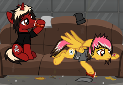 Size: 2396x1660 | Tagged: safe, artist:lightningbolt, derpibooru exclusive, derpibooru import, pegasus, pony, unicorn, .svg available, alcohol, alex gaskarth, all time low, bags under eyes, butt fluff, cheek fluff, clothes, cup, drink, drinking, drunk, duo, duo male, dyed mane, dyed tail, ear fluff, ear piercing, ears, facial hair, floppy ears, frown, hoof fluff, hoof hold, horn, jack barakat, lidded eyes, looking down, lying down, male, messy room, partially open wings, piercing, ponified, prone, sad, shirt, show accurate, sitting, sofa, species swap, stallion, svg, t-shirt, tail, tattoo, vector, wing fluff, wings